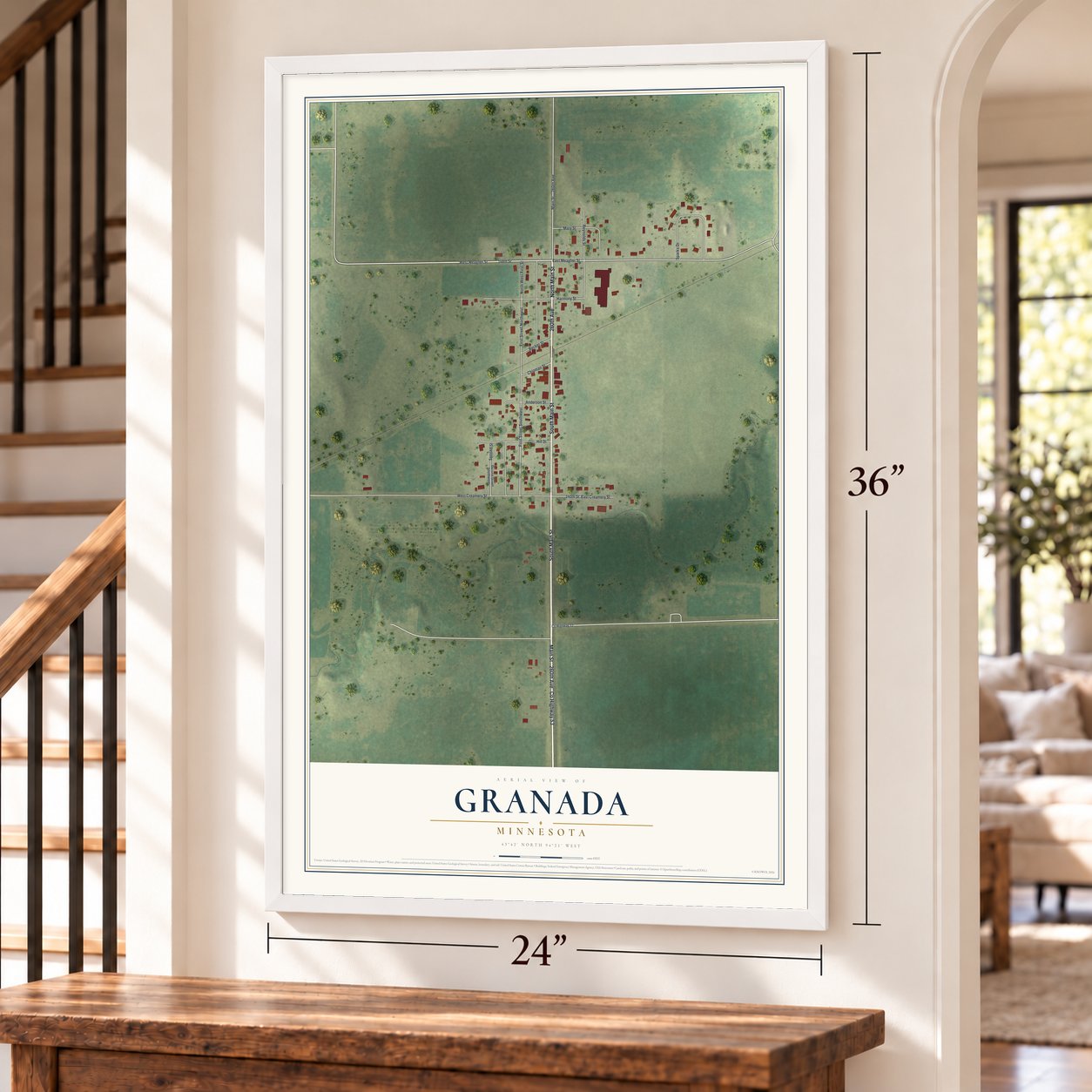 Granada, Minnesota map, 24 x 36 inch print in a white frame by a staircase