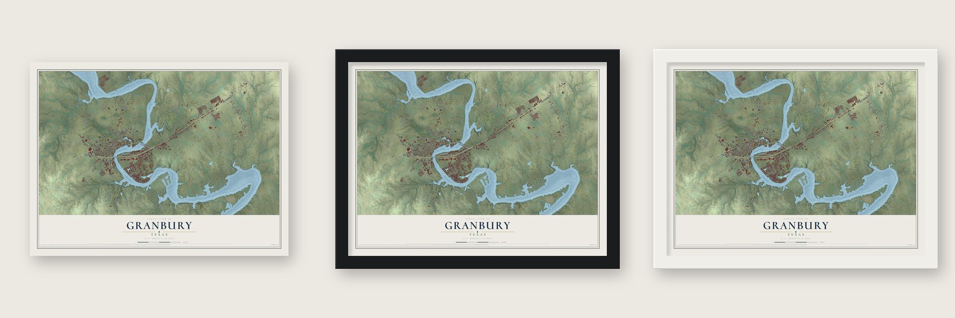 Granbury, Texas map unframed, in a black wood frame and in a white wood frame