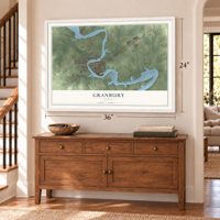 Granbury, Texas map, 24 x 36 inch print in a white frame above a dresser by a staircase