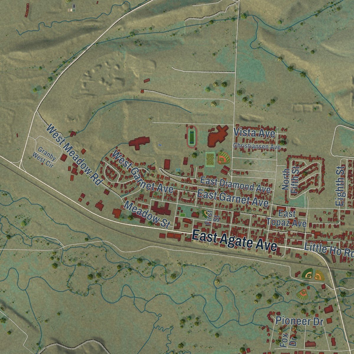 Second close-up of the map of Granby, Colorado print showing more streets and buildings