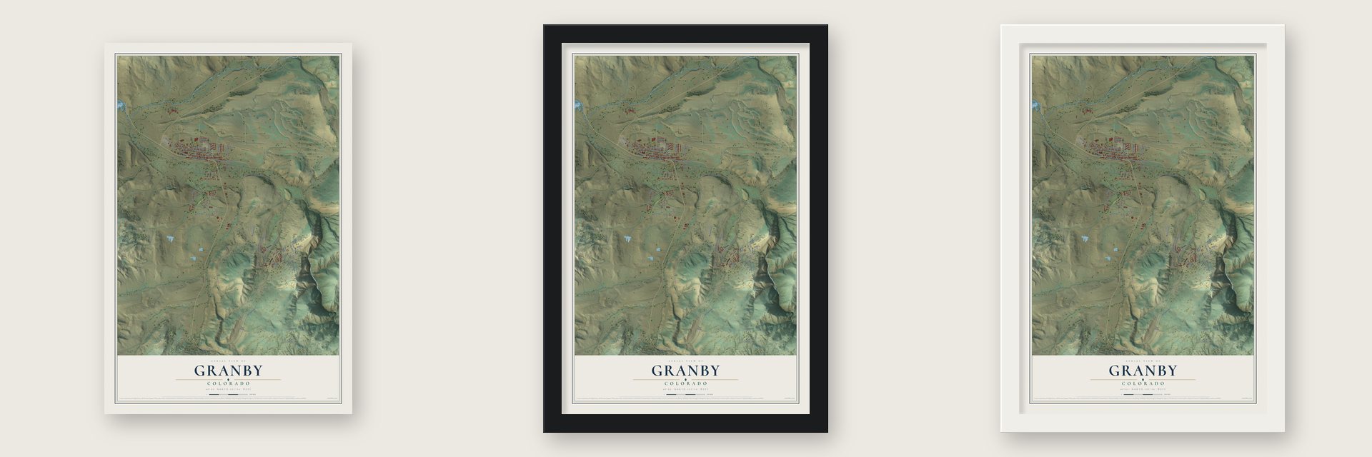 Granby, Colorado map unframed, in a black wood frame and in a white wood frame