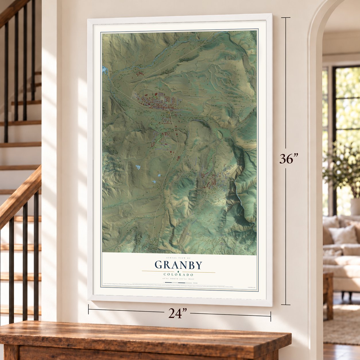 Granby, Colorado map, 24 x 36 inch print in a white frame by a staircase