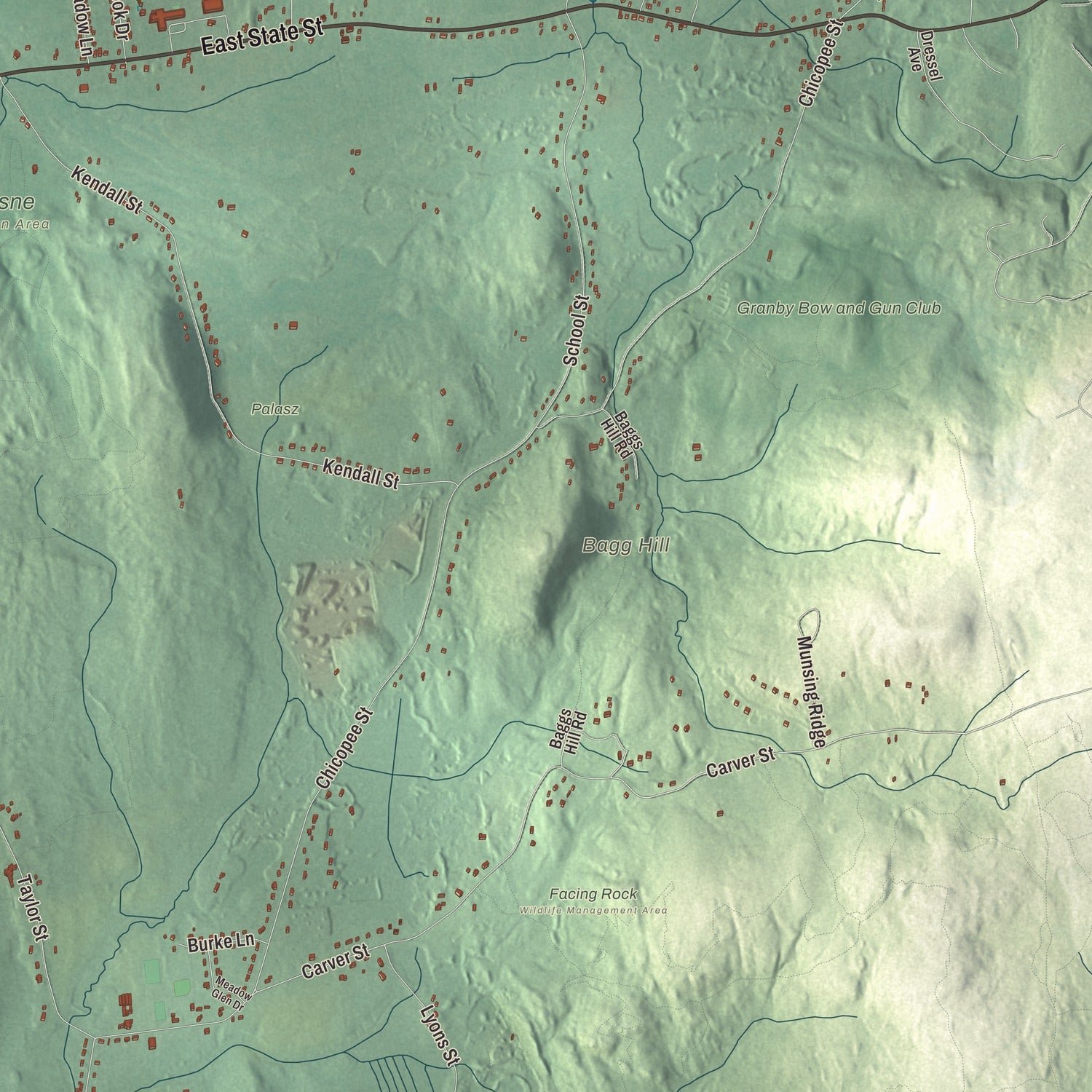 Close-up of the map of Granby, Massachusetts print showing terrain and local geography