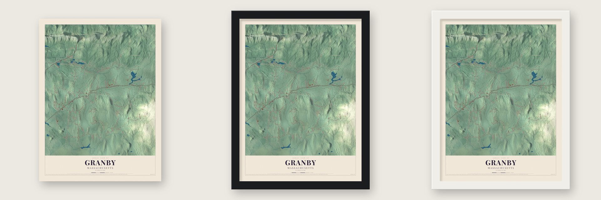 Granby, Massachusetts map unframed, in a black wood frame and in a white wood frame