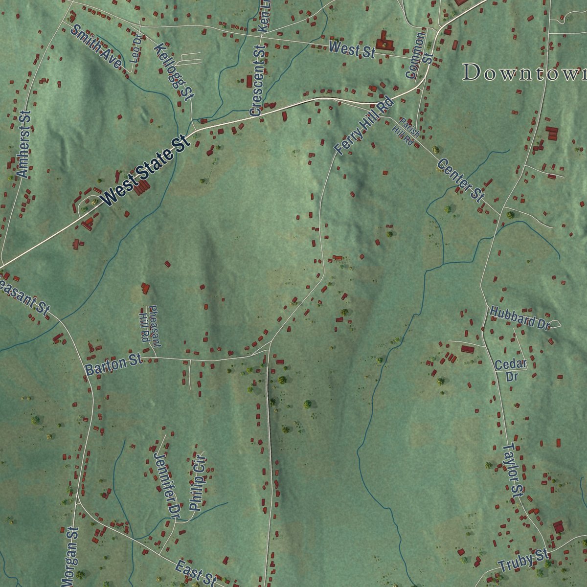 Second close-up of the map of Granby, Massachusetts print showing more streets and buildings