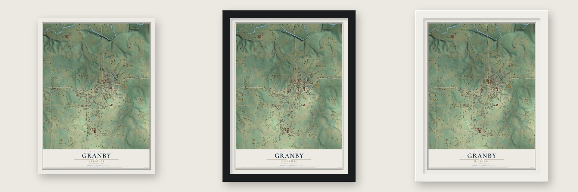 Granby, Missouri map unframed, in a black wood frame and in a white wood frame