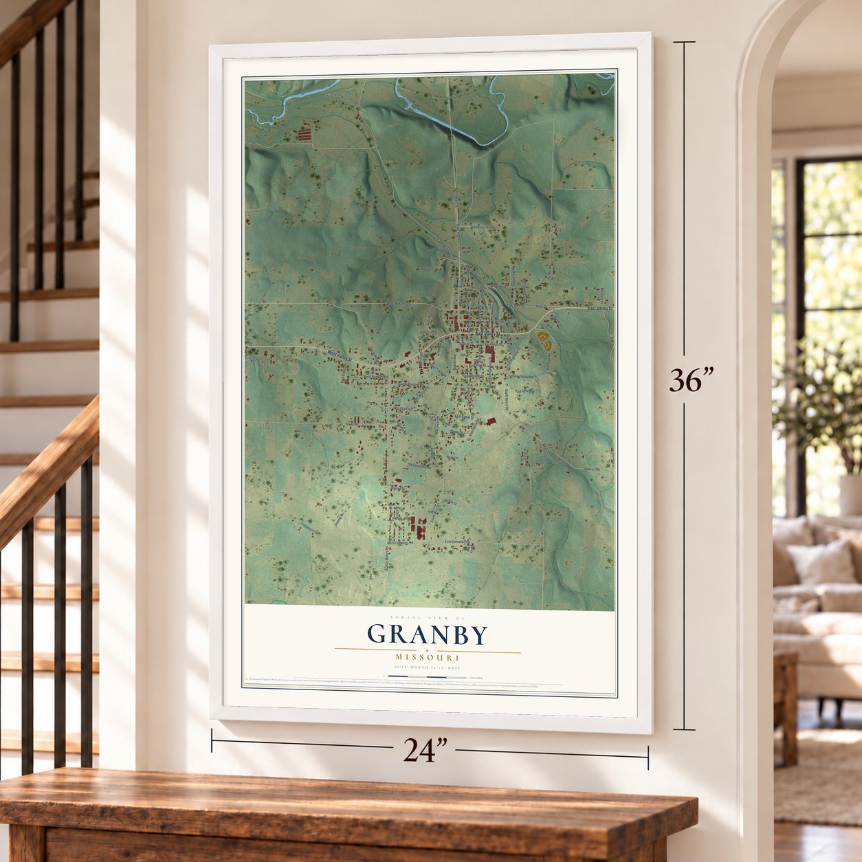 Granby, Missouri map, 24 x 36 inch print in a white frame by a staircase