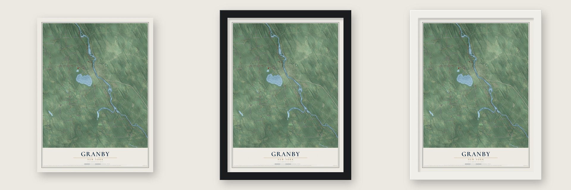 Granby, New York map unframed, in a black wood frame and in a white wood frame