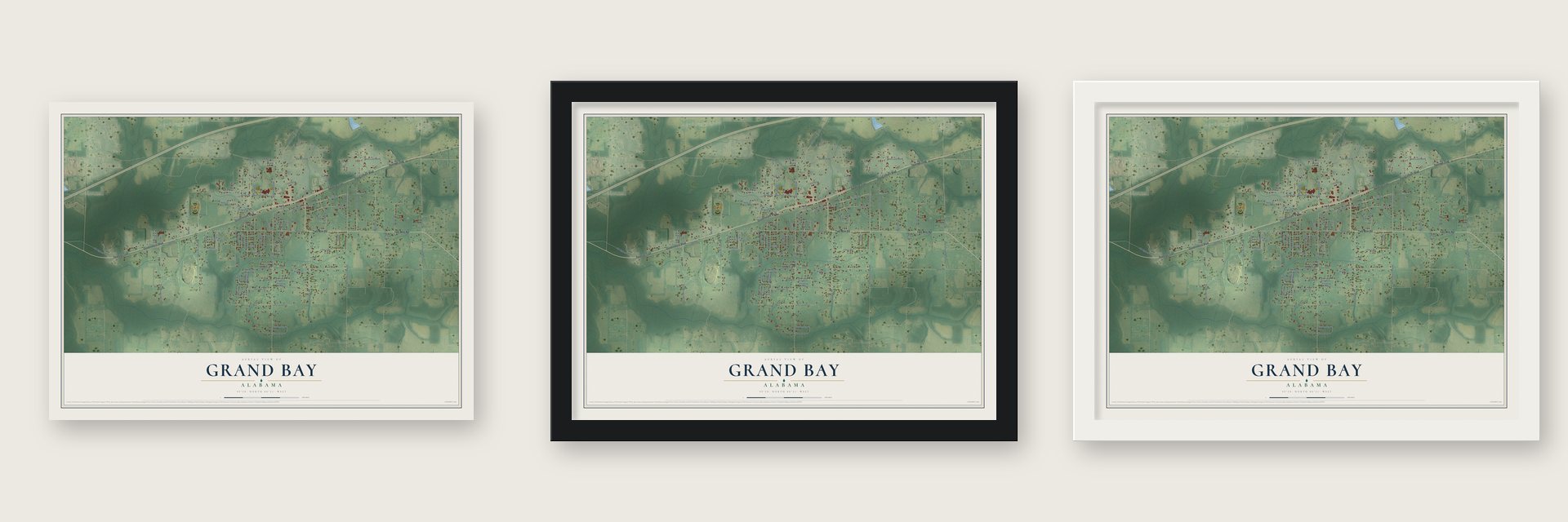 Grand Bay, Alabama map unframed, in a black wood frame and in a white wood frame