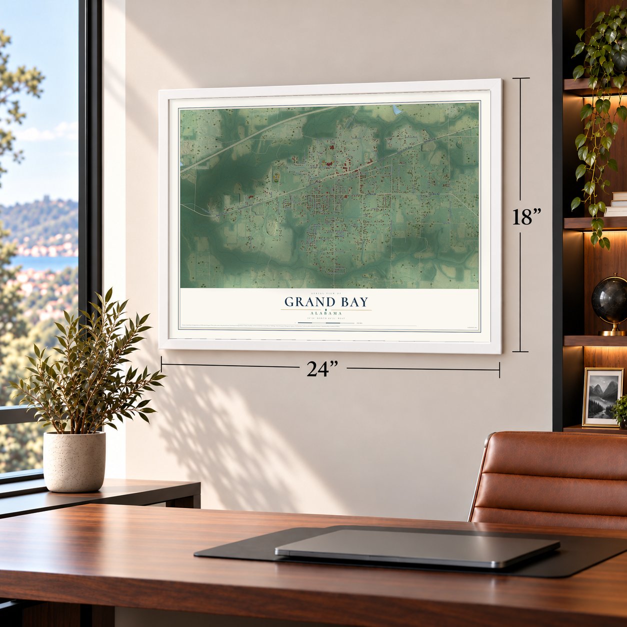 Grand Bay, Alabama map, 18 x 24 inch print in a white frame in a home office