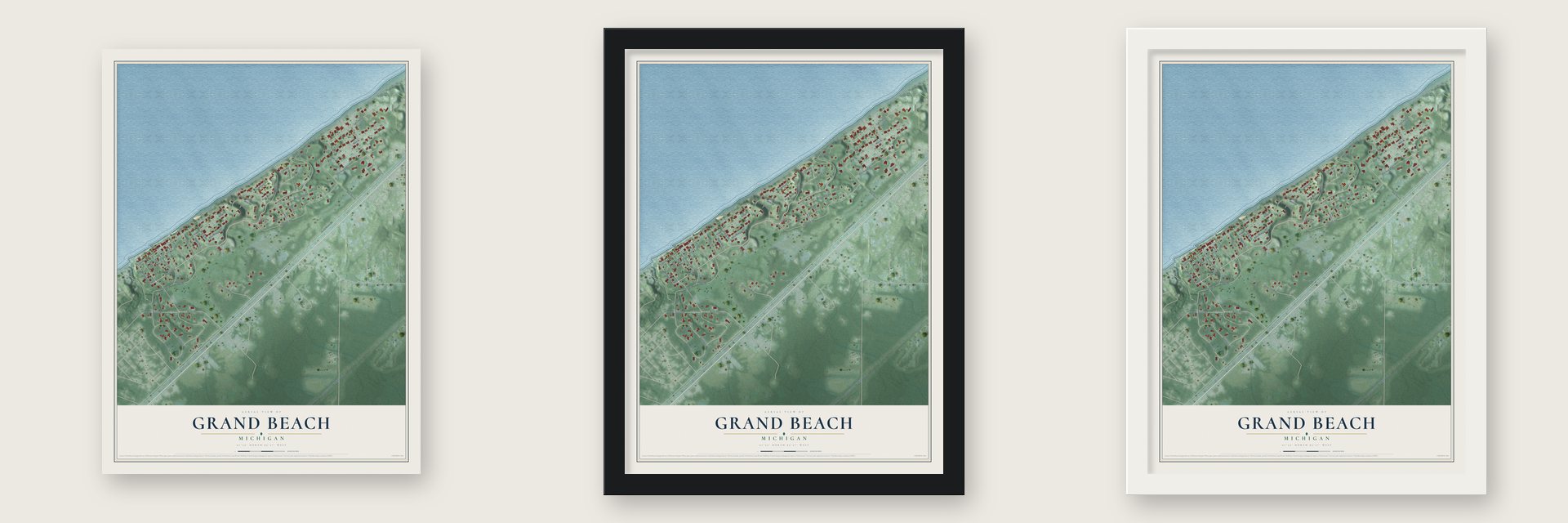 Grand Beach, Michigan map unframed, in a black wood frame and in a white wood frame