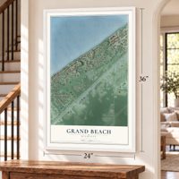 Grand Beach, Michigan map, 24 x 36 inch print in a white frame by a staircase