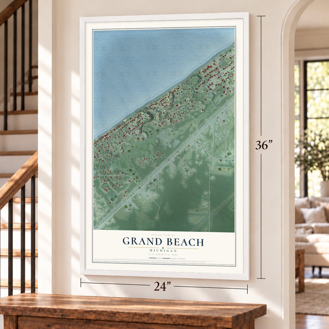Grand Beach, Michigan map, 24 x 36 inch print in a white frame by a staircase