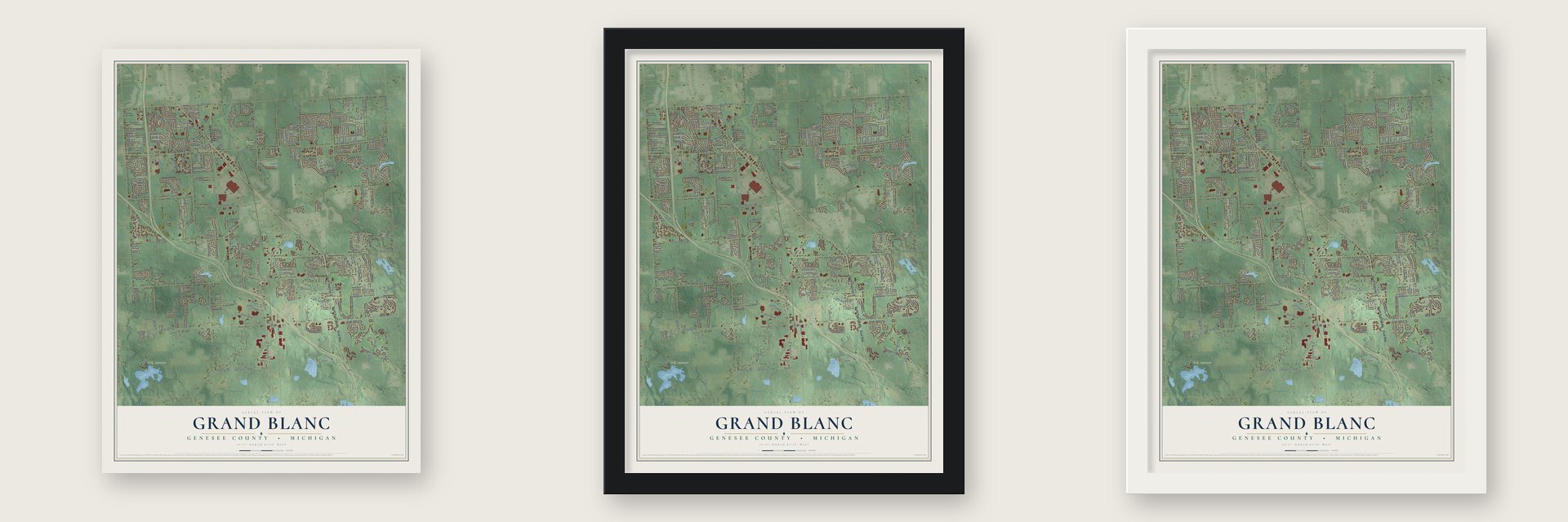 Grand Blanc, Genesee County, Michigan map unframed, in a black wood frame and in a white wood frame