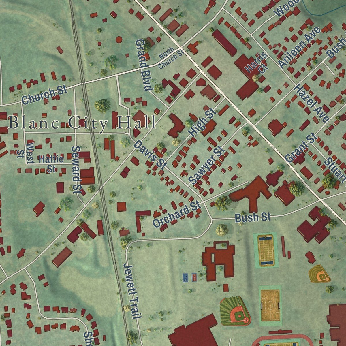 Second close-up of the map of Grand Blanc, Michigan print showing more streets and buildings
