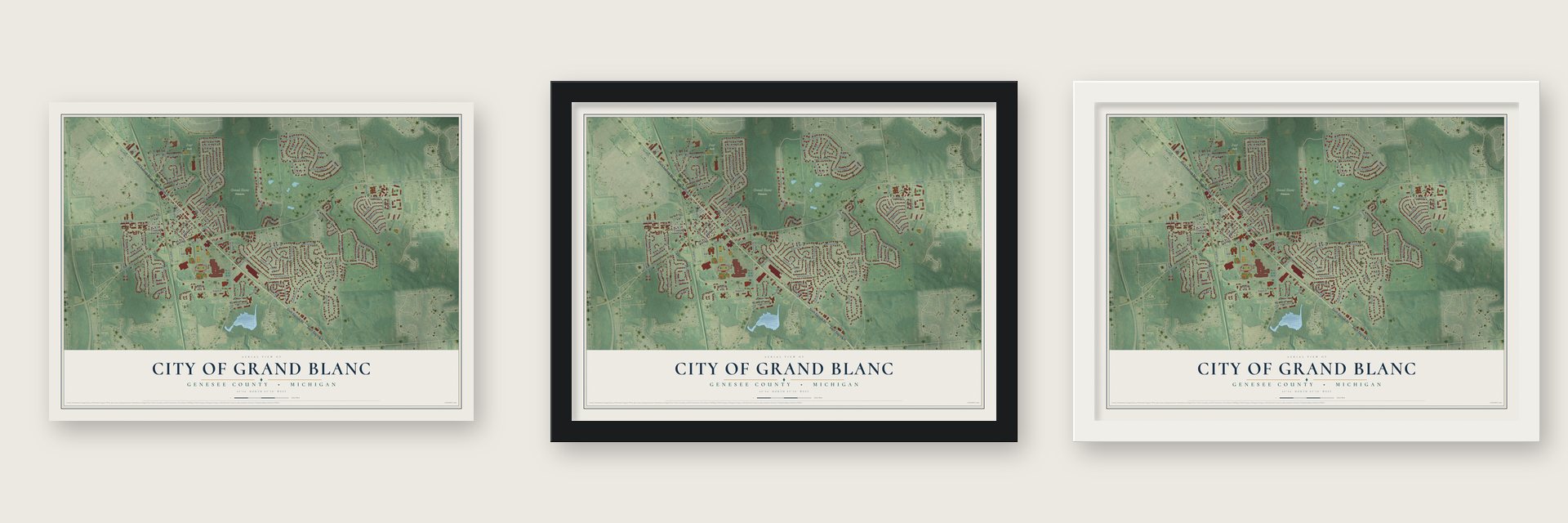 Grand Blanc, Michigan map unframed, in a black wood frame and in a white wood frame