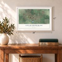 Grand Blanc, Michigan map, 12 x 18 inch print in a white frame in an entryway