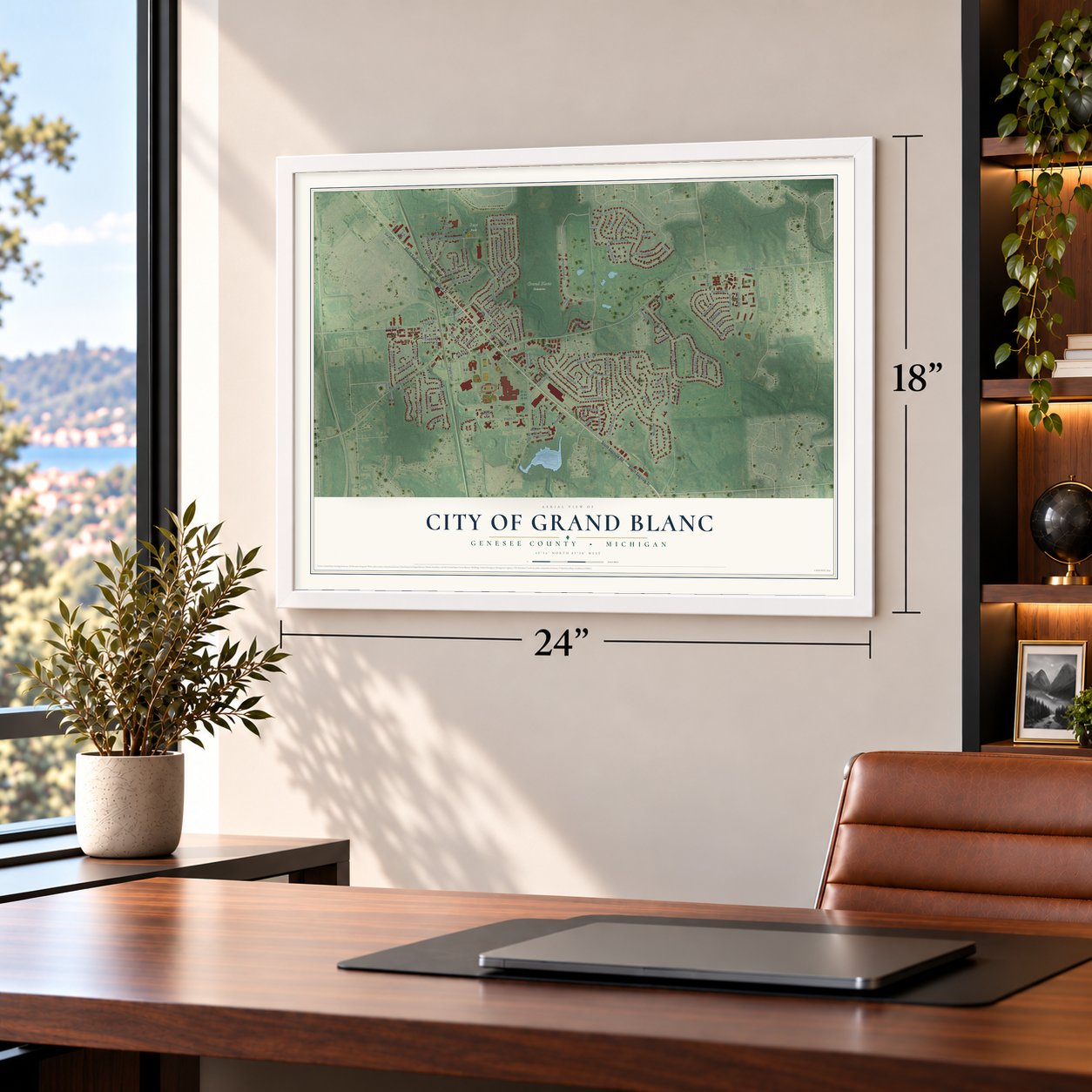 Grand Blanc, Michigan map, 18 x 24 inch print in a white frame in a home office