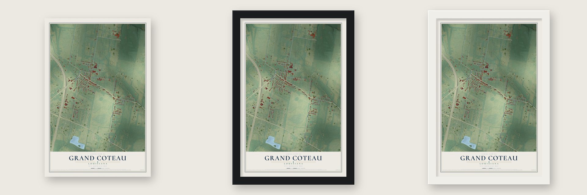 Grand Coteau, Louisiana map unframed, in a black wood frame and in a white wood frame