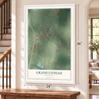 Grand Coteau, Louisiana map, 24 x 36 inch print in a white frame by a staircase