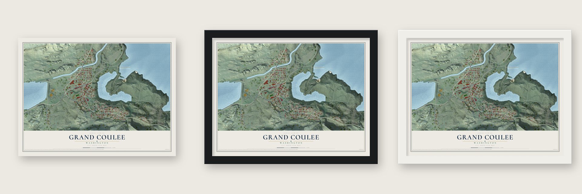 Grand Coulee, Washington map unframed, in a black wood frame and in a white wood frame