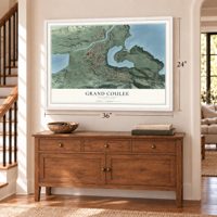 Grand Coulee, Washington map, 24 x 36 inch print in a white frame above a dresser by a staircase