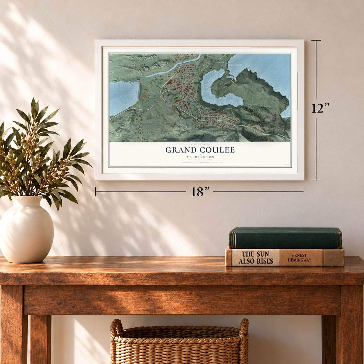 Grand Coulee, Washington map, 12 x 18 inch print in a white frame in an entryway