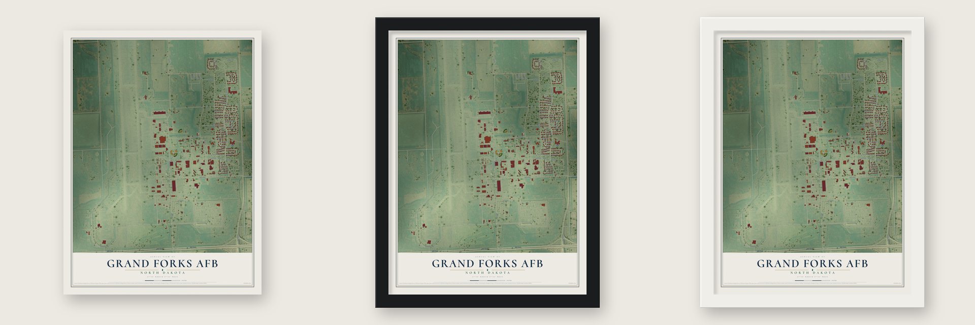 Grand Forks AFB, North Dakota map unframed, in a black wood frame and in a white wood frame