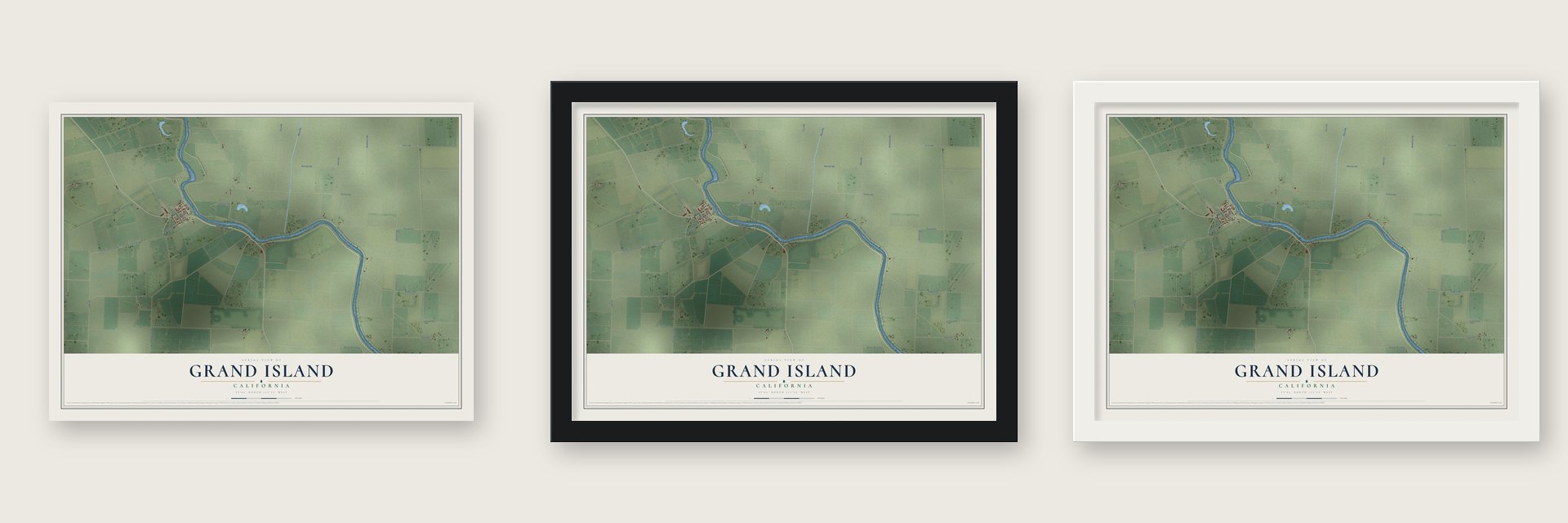 Grand Island, California map unframed, in a black wood frame and in a white wood frame