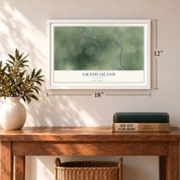 Grand Island, California map, 12 x 18 inch print in a white frame in an entryway