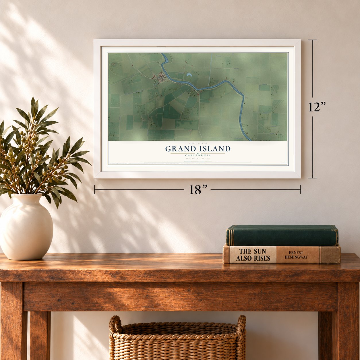 Grand Island, California map, 12 x 18 inch print in a white frame in an entryway