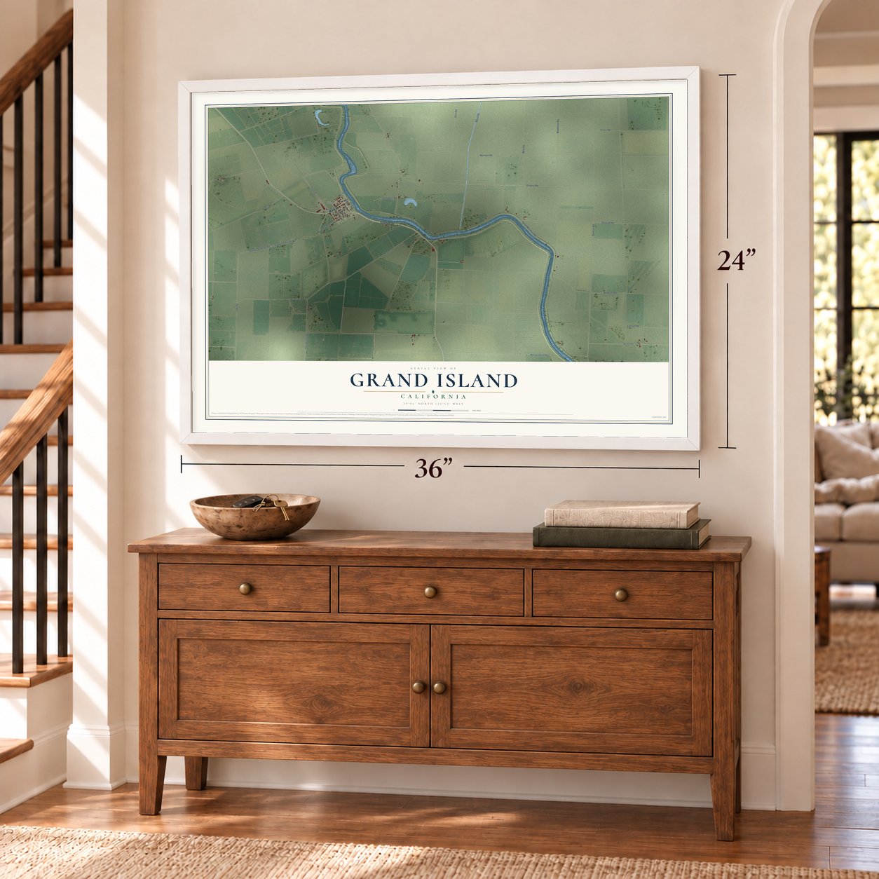 Grand Island, California map, 24 x 36 inch print in a white frame above a dresser by a staircase