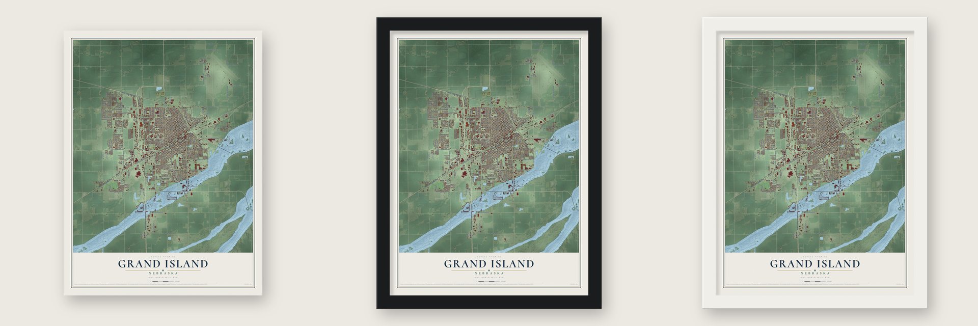 Grand Island, Nebraska map unframed, in a black wood frame and in a white wood frame