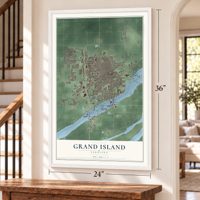 Grand Island, Nebraska map, 24 x 36 inch print in a white frame by a staircase