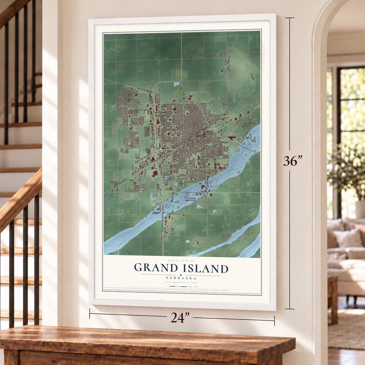 Grand Island, Nebraska map, 24 x 36 inch print in a white frame by a staircase