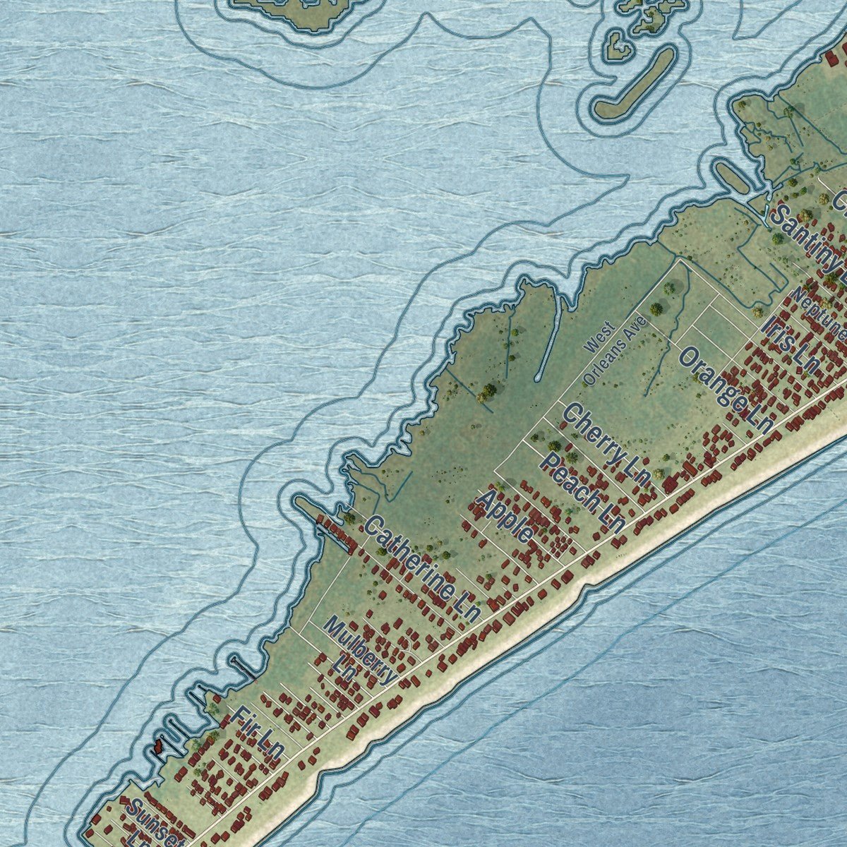 Second close-up of the map of Grand Isle, Louisiana print showing more streets and buildings