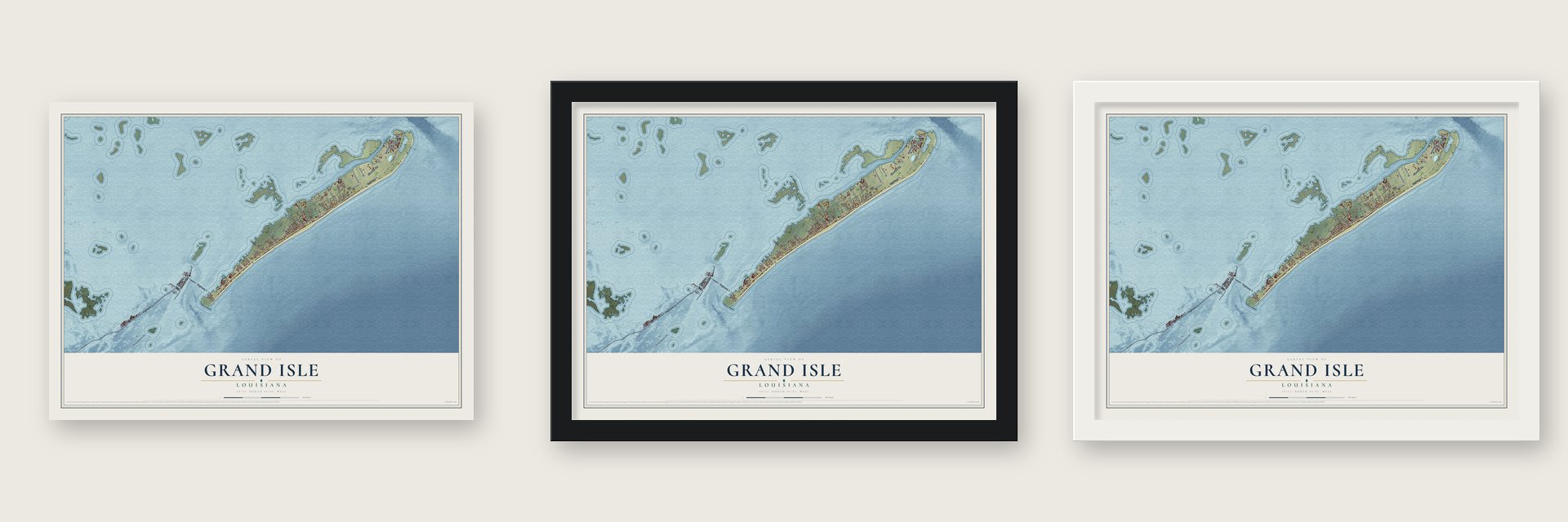 Grand Isle, Louisiana map unframed, in a black wood frame and in a white wood frame