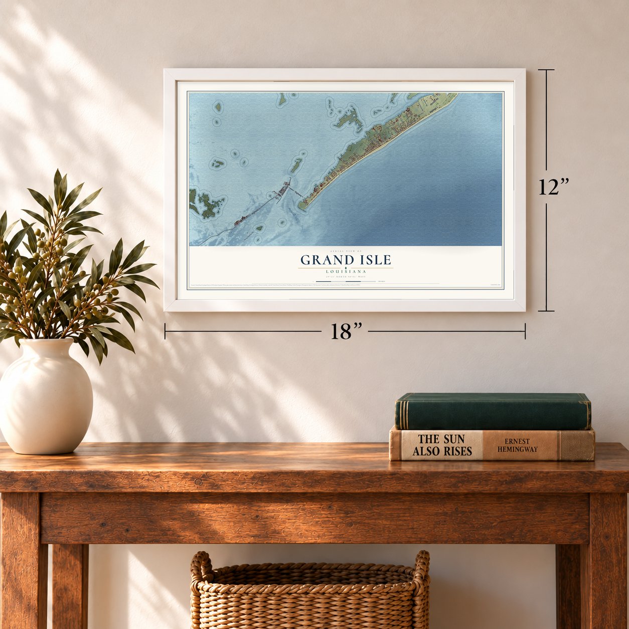 Grand Isle, Louisiana map, 12 x 18 inch print in a white frame in an entryway