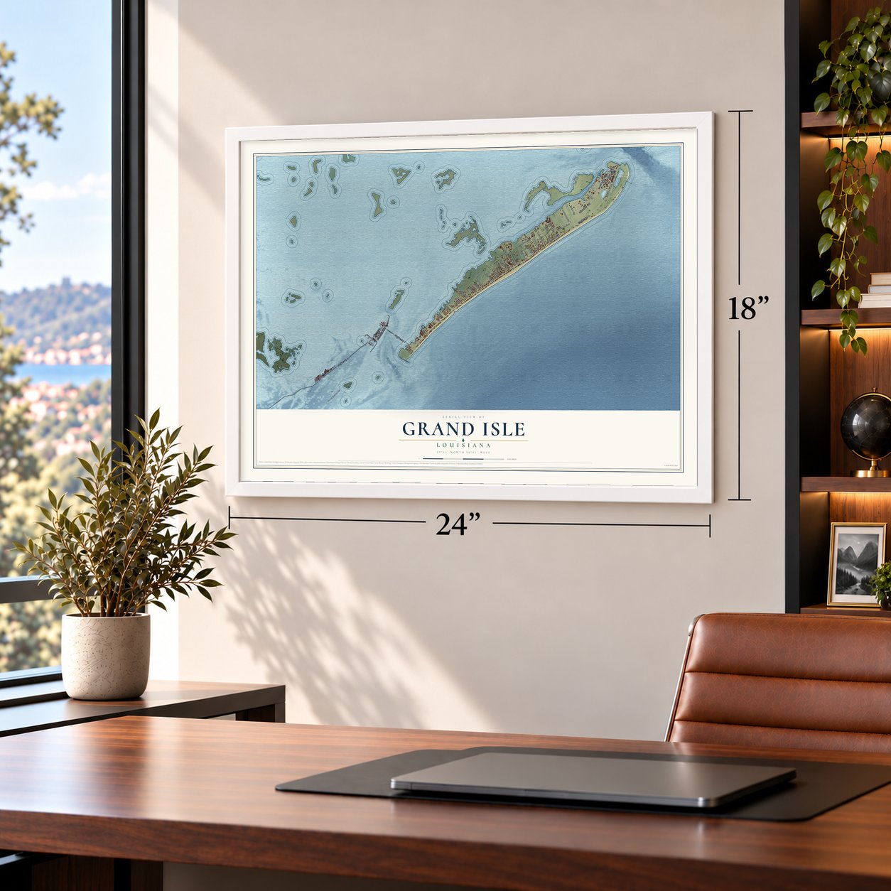 Grand Isle, Louisiana map, 18 x 24 inch print in a white frame in a home office