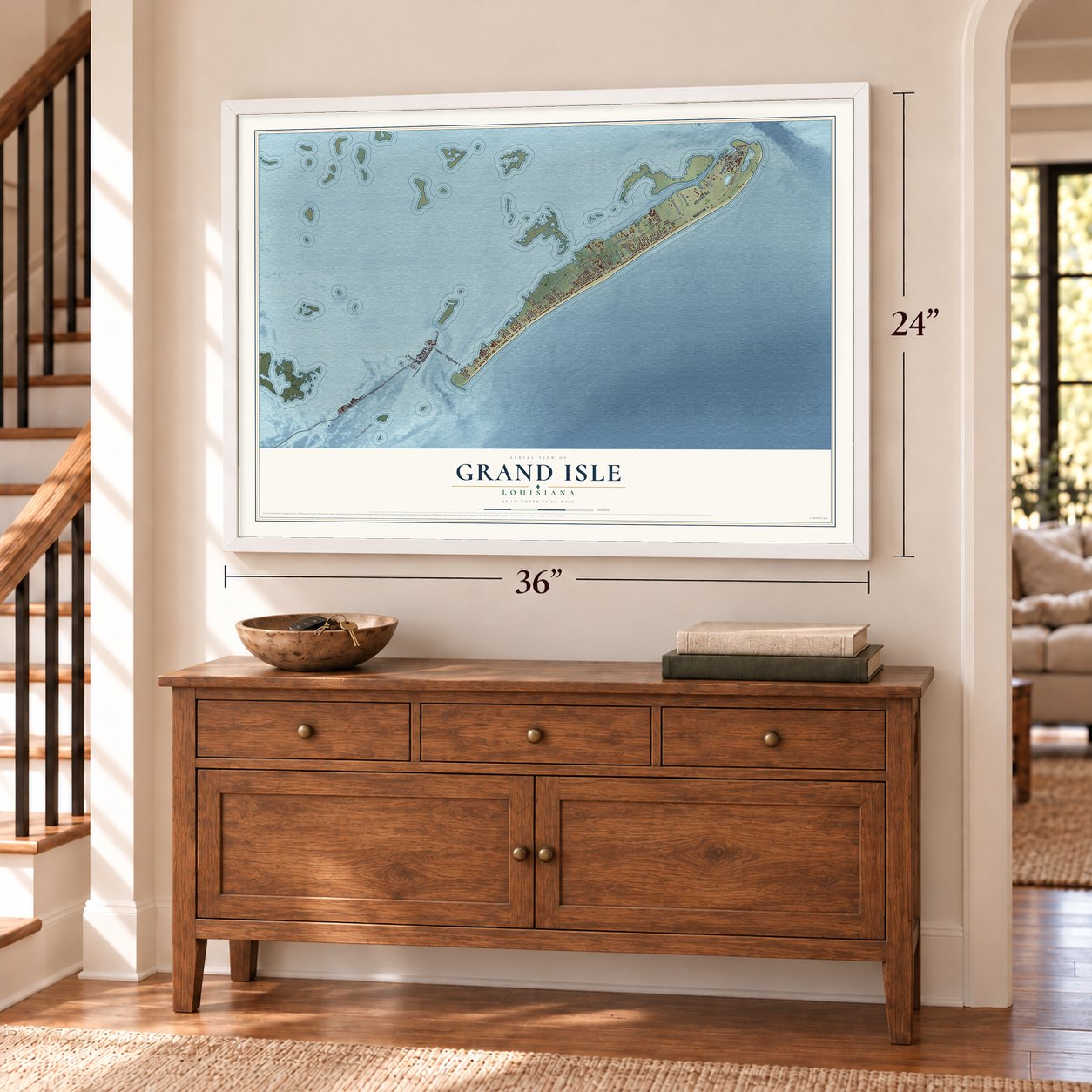 Grand Isle, Louisiana map, 24 x 36 inch print in a white frame above a dresser by a staircase