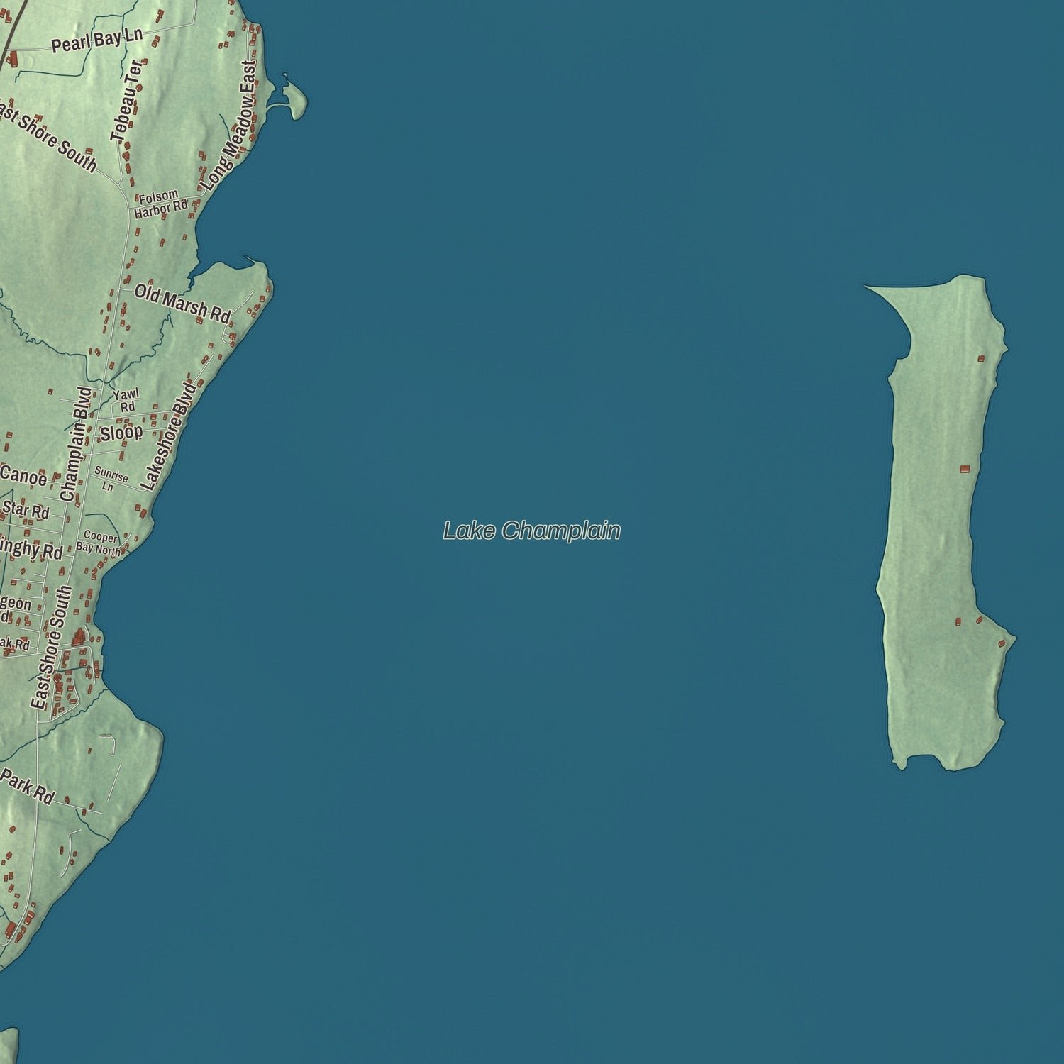 Close-up of the map of Grand Isle, Vermont print showing terrain and local geography