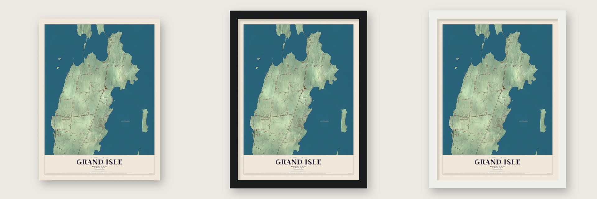 Grand Isle, Vermont map unframed, in a black wood frame and in a white wood frame