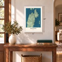 Grand Isle, Vermont map, 12 x 18 inch print in a white frame in an entryway