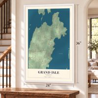 Grand Isle, Vermont map, 24 x 36 inch print in a white frame by a staircase