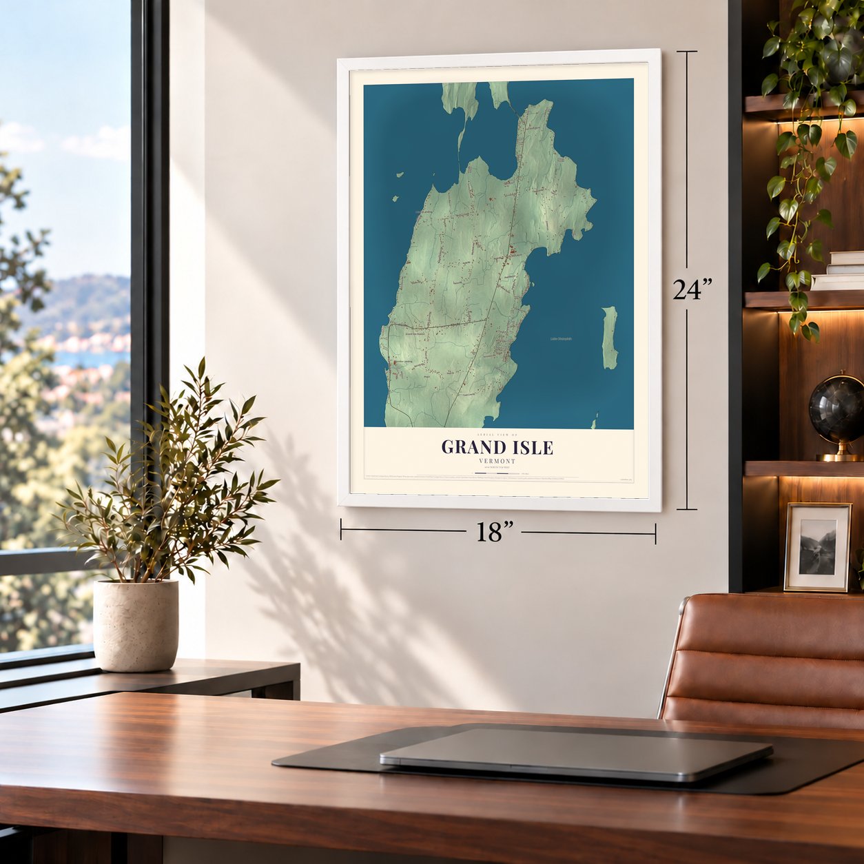 Grand Isle, Vermont map, 18 x 24 inch print in a white frame in a home office