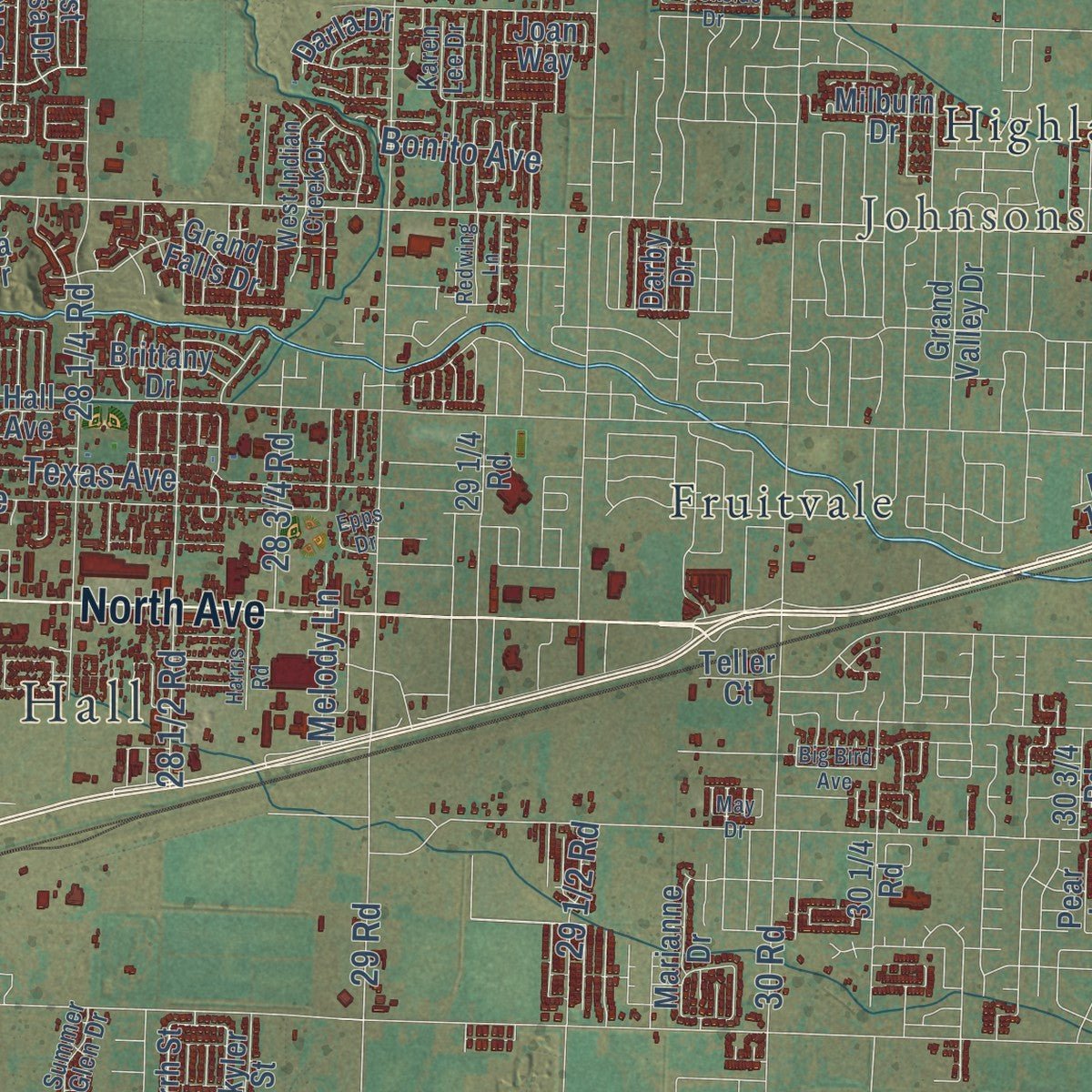 Second close-up of the map of Grand Junction, Colorado print showing more streets and buildings
