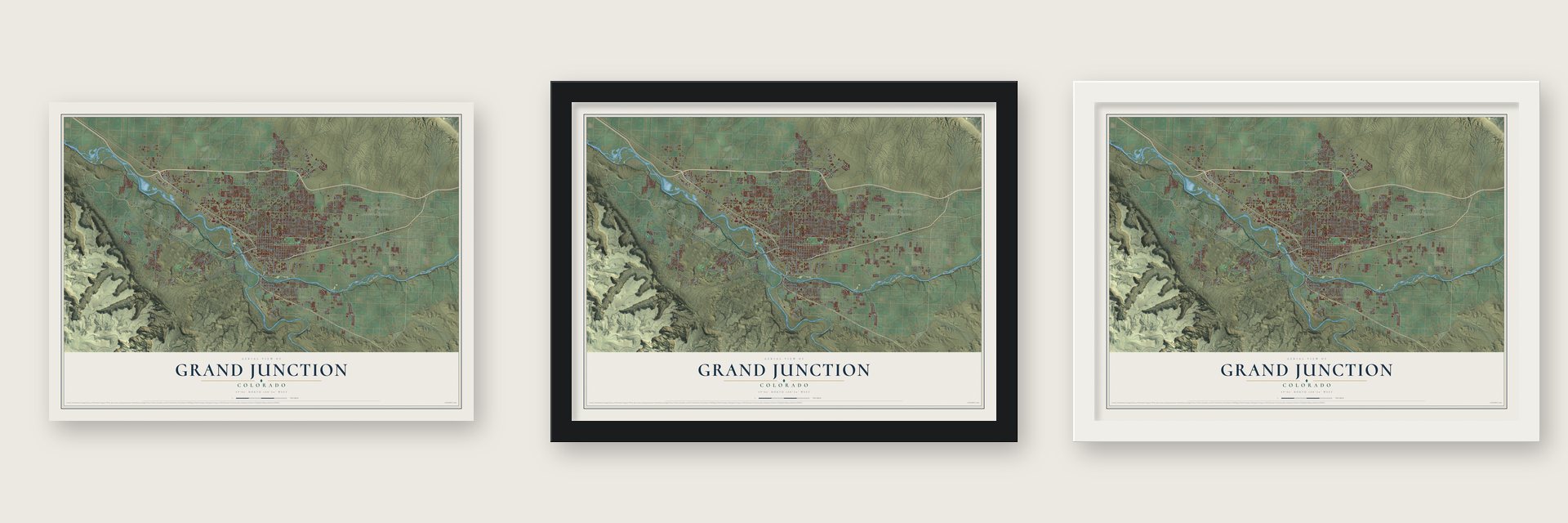 Grand Junction, Colorado map unframed, in a black wood frame and in a white wood frame