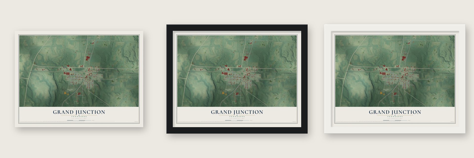 Grand Junction, Tennessee map unframed, in a black wood frame and in a white wood frame