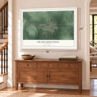 Grand Junction, Tennessee map, 24 x 36 inch print in a white frame above a dresser by a staircase