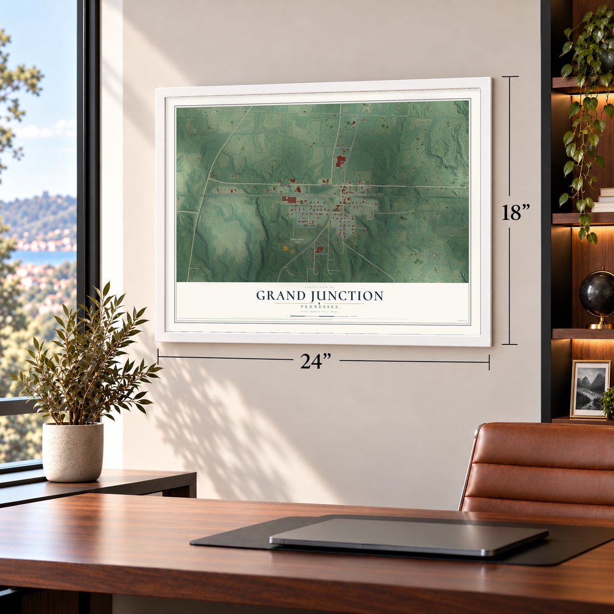 Grand Junction, Tennessee map, 18 x 24 inch print in a white frame in a home office